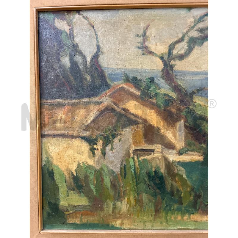 QUADRO OLIO SU TELA CASA AL MARE LABERO PASS BEIGE CORNICE LEGNO SCURA  | Mercatino dell'Usato Roma re di roma 2