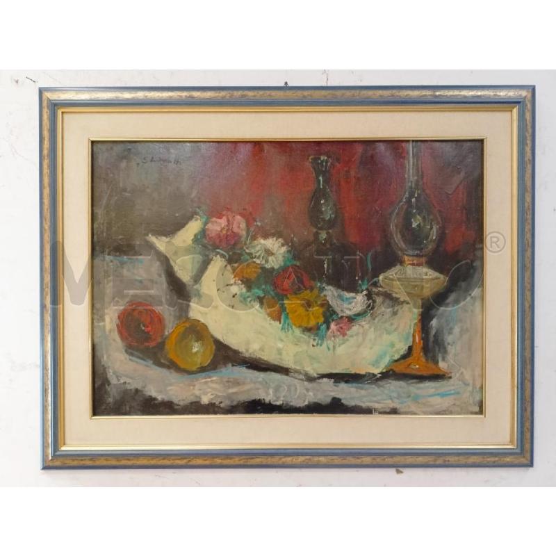 QUADRO OLIO SU TELA NAT MORTA 2 LAMPADE OLIO FIORI SFONDO ROSSO CORN BLU SILVER RETTANGOLARE 68X87 | Mercatino dell'Usato Roma re di roma 1