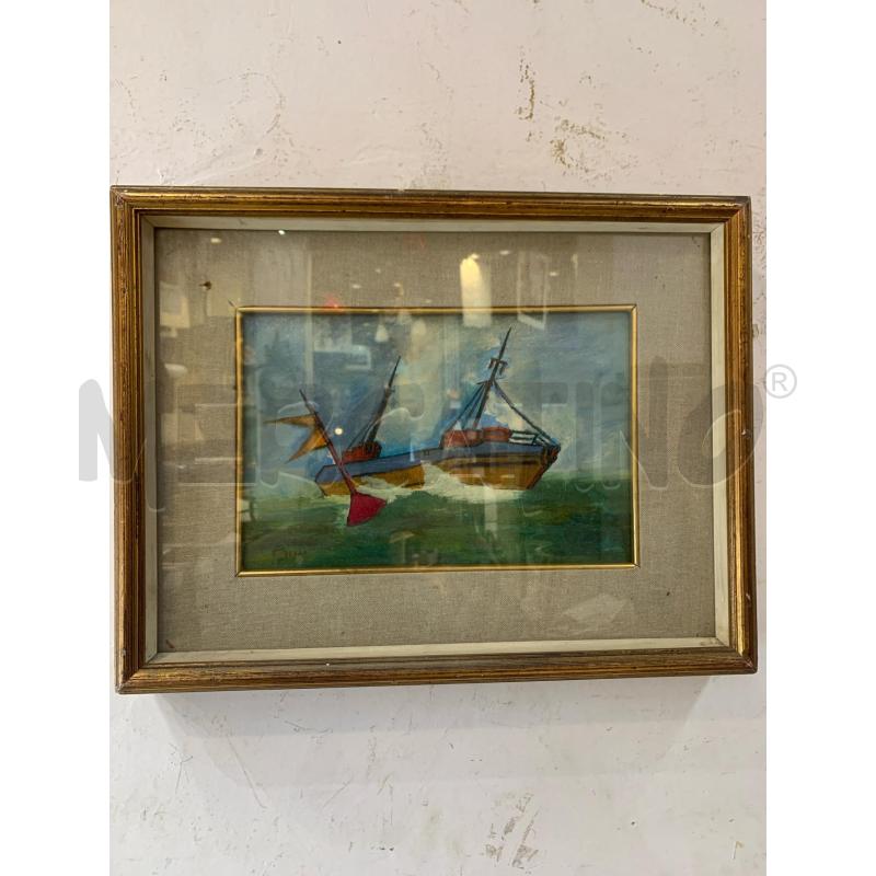 QUADRO OLIO TAVOLA BARCA COROLORATA MARE VERDE CPASS LINO CORNICE LEGN DORATO | Mercatino dell'Usato Roma re di roma 1