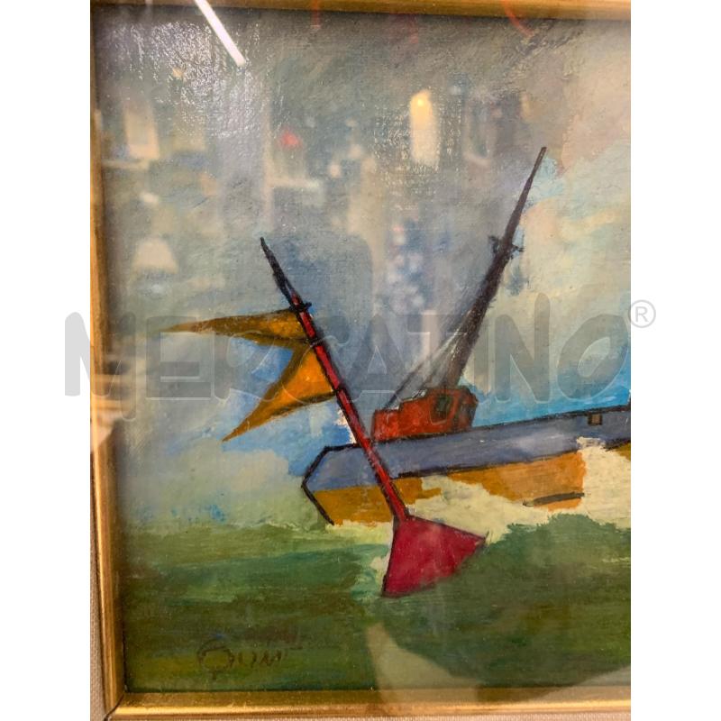 QUADRO OLIO TAVOLA BARCA COROLORATA MARE VERDE CPASS LINO CORNICE LEGN DORATO | Mercatino dell'Usato Roma re di roma 3