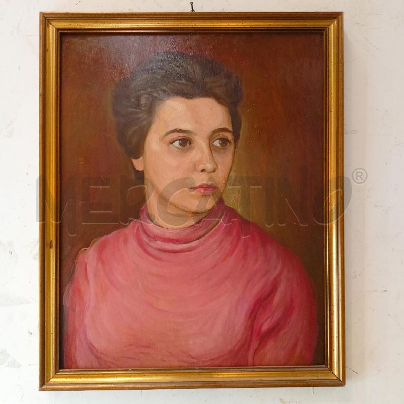 QUADRO OLIO TAVOLA DONNA RITRATTO VESTITO ROSA CAPELLI RACCOLTI CORNICE LEGNO DORATO | Mercatino dell'Usato Roma re di roma 1