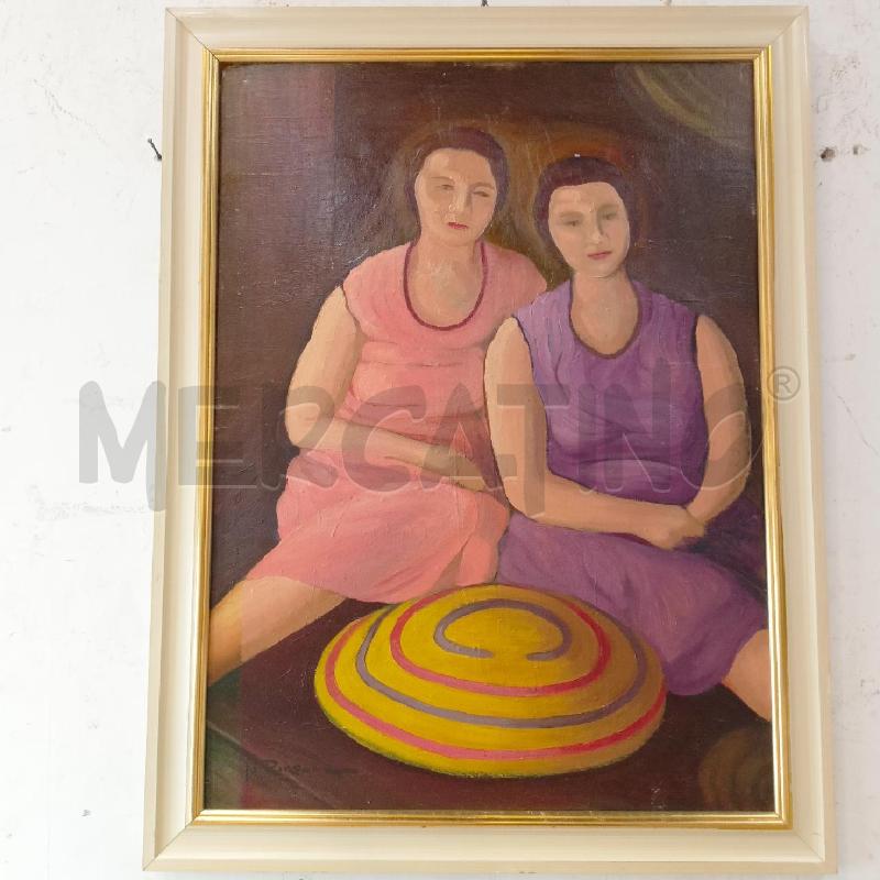 QUADRO OLIO TAVOLA DUE DONNE CERCHIO GIALLO SPIRALE CORNICE LEGNO BIANCO  | Mercatino dell'Usato Roma re di roma 1