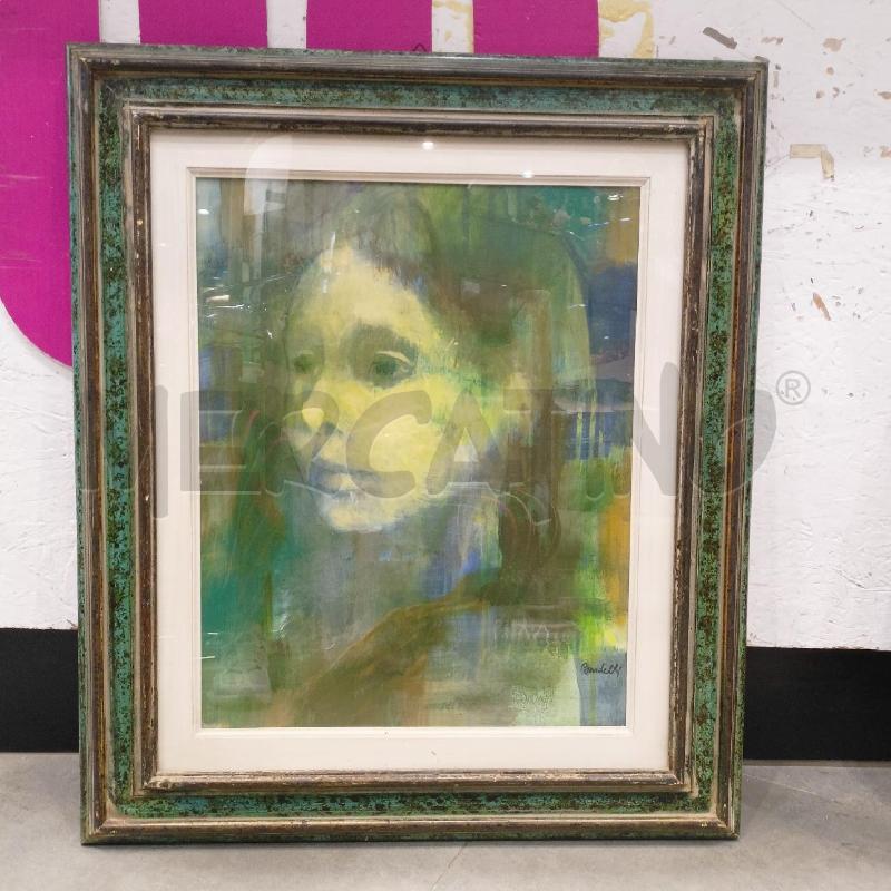 QUADRO OLIO TAVOLA RITRATTO DONNA PROFILO TONI AZZURRO VERDE GIALLO CORNICE VERDE EFFETTO MARMOREO | Mercatino dell'Usato Roma re di roma 1