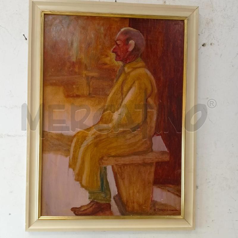 QUADRO OLIO TAVOLA UOMO SEDUTO PANCHINA PROFILO CORNICE LEGNO BIANCO | Mercatino dell'Usato Roma re di roma 1