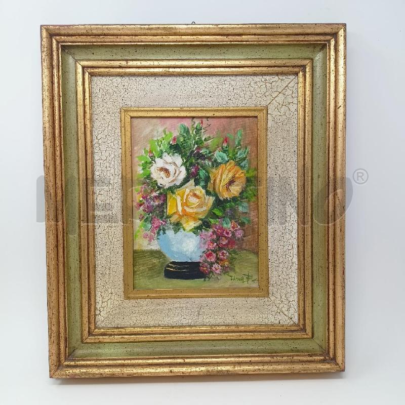 QUADRO OLIO TAVOLA VASO FIORI ROSE GIALLE TAVOLO VERDE PASS LEGNO CHIARO CORNICE LEGNO DORATO  | Mercatino dell'Usato Roma re di roma 1