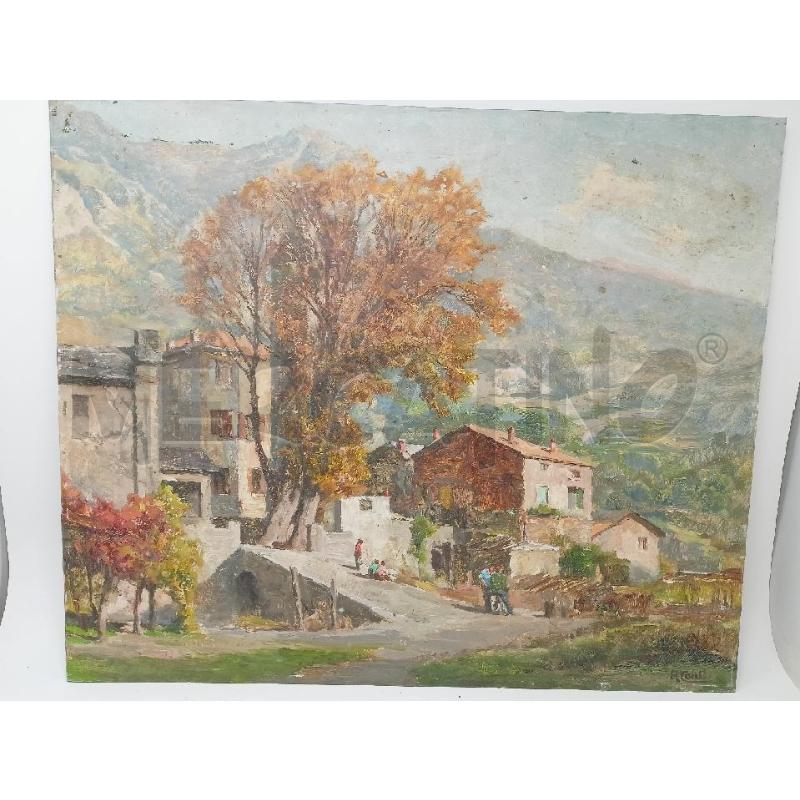 QUADRO OLIO TAVOLO PAESAGGIO MONTAGNA AUTUNNO BAMBINI ALBERI VERDI | Mercatino dell'Usato Roma re di roma 1