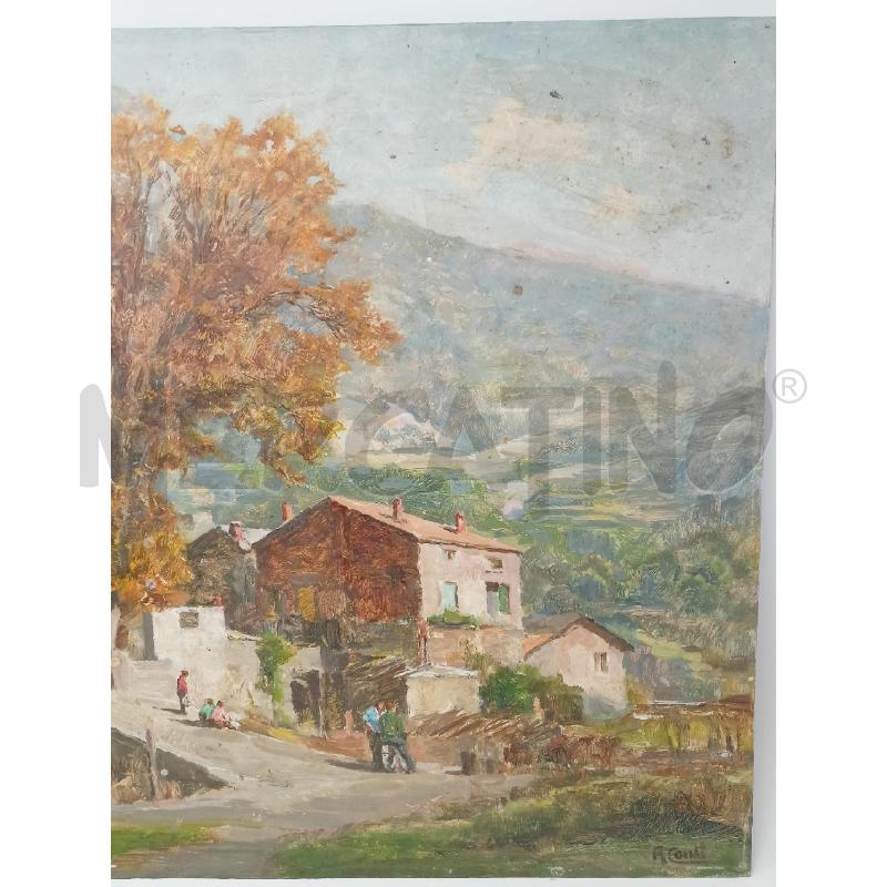 QUADRO OLIO TAVOLO PAESAGGIO MONTAGNA AUTUNNO BAMBINI ALBERI VERDI | Mercatino dell'Usato Roma re di roma 3