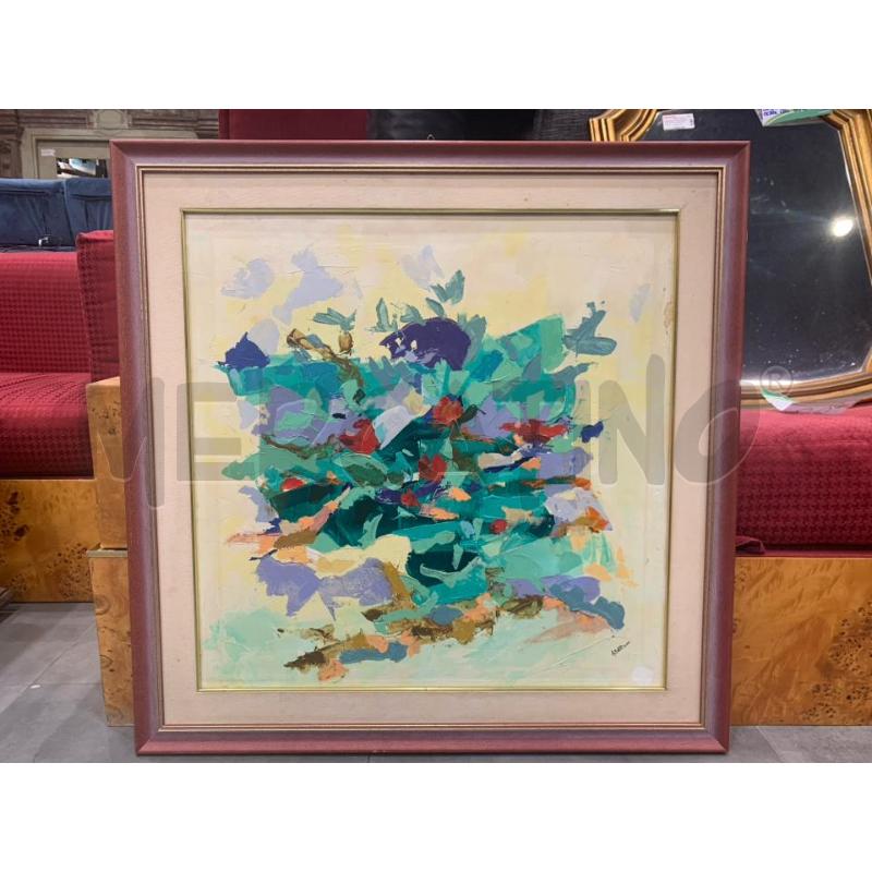 QUADRO OLIO TELA ASTRATTO MACCHIE COLORE LILLA VERDE VIOLA QUADRATO CORNICE LEGNO ROSA | Mercatino dell'Usato Roma re di roma 1