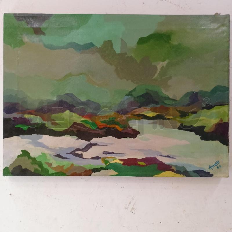 QUADRO OLIO TELA ASTRATTO MACCHIE COLORE VARI VERDI SENZA CORNICE | Mercatino dell'Usato Roma re di roma 1
