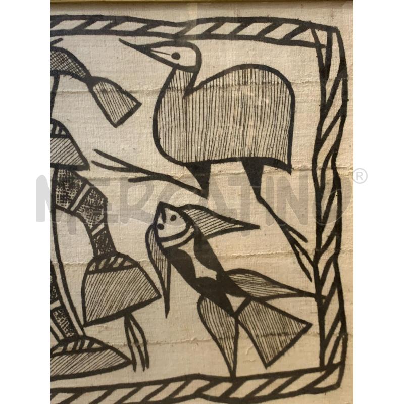 QUADRO OLIO TELA DECOR ETNICO PERSONAGGIO ANIMALI PESCI CORN NERA ORO | Mercatino dell'Usato Roma re di roma 2