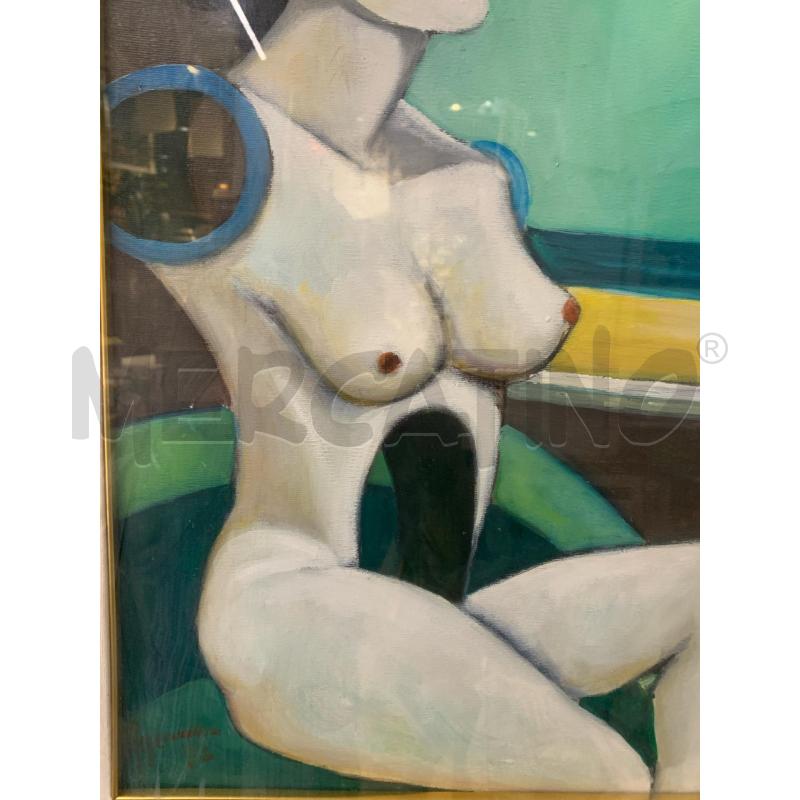 QUADRO OLIO TELA DONNA SENZA BRACCIA SFONDO AZZURRO CORNICE LEGNO SILVER | Mercatino dell'Usato Roma re di roma 2