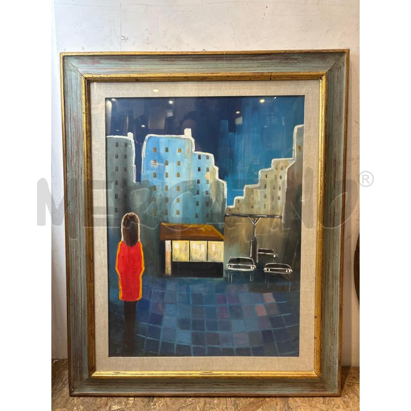 QUADRO OLIO TELA DONNA SOLITARIA GIACCA ROSSA CONTESTO RUBANO GRATTACIELI TONALITA BLU GRIGIO CORN | Mercatino dell'Usato Roma re di roma 1
