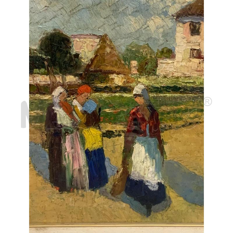 QUADRO OLIO TELA DONNE CAMPAGNA ALBERO CORNICE LEGNO ROSSO | Mercatino dell'Usato Roma re di roma 3