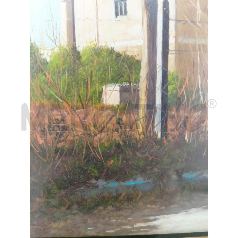 QUADRO OLIO TELA EDIFICIO BEIGE CANNA FUMARIA CORNICE ORO TELAIO NERO | Mercatino dell'Usato Roma re di roma 3