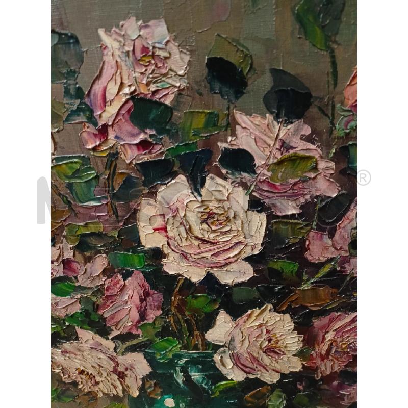 QUADRO OLIO TELA MATERICO VASO VERDE ROSE CORN DORAT RICCIOL | Mercatino dell'Usato Roma re di roma 3