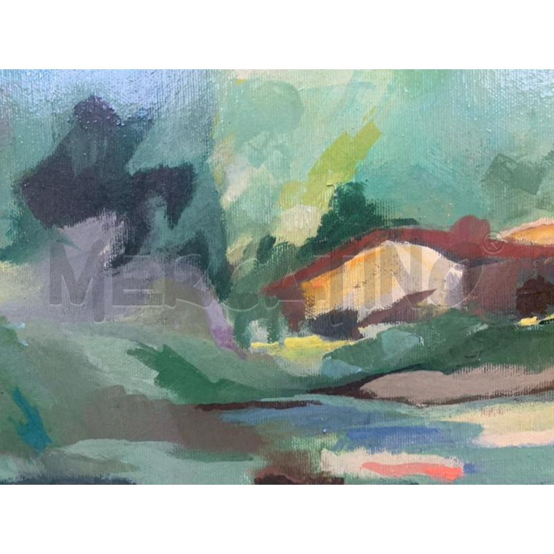 QUADRO OLIO TELA PAESAGGIO ASTRATTO VERDE CASETTA CORNICE LEGNO DORATO | Mercatino dell'Usato Roma re di roma 4