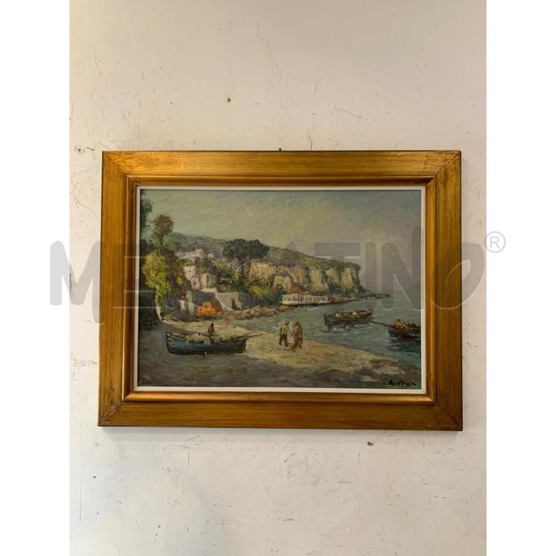 QUADRO OLIO TELA PAESAGGIO NAPOLETANO COSTIER BARCHE PESCATORI COSTA | Mercatino dell'Usato Roma re di roma 1