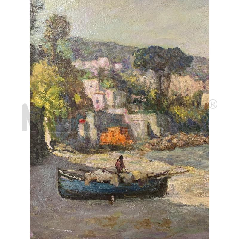 QUADRO OLIO TELA PAESAGGIO NAPOLETANO COSTIER BARCHE PESCATORI COSTA | Mercatino dell'Usato Roma re di roma 2