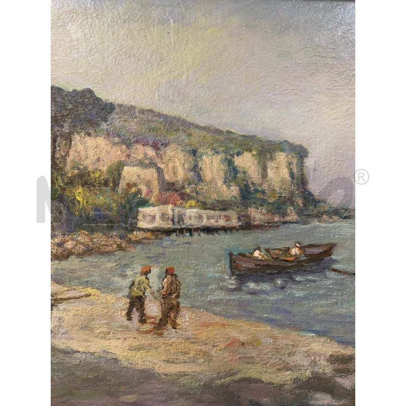 QUADRO OLIO TELA PAESAGGIO NAPOLETANO COSTIER BARCHE PESCATORI COSTA | Mercatino dell'Usato Roma re di roma 3