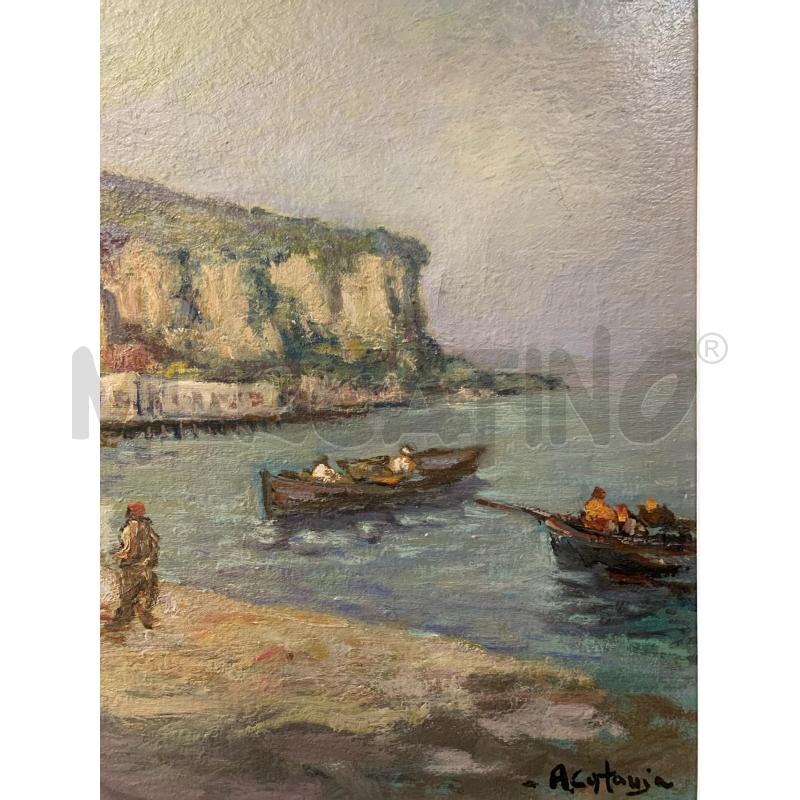 QUADRO OLIO TELA PAESAGGIO NAPOLETANO COSTIER BARCHE PESCATORI COSTA | Mercatino dell'Usato Roma re di roma 4