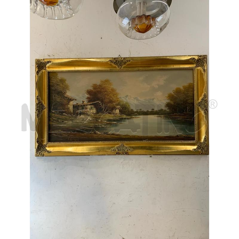 QUADRO OLIO TELA PAESAGGIO SFONDO MONTAGNE CASETTA ALBERI ARANCIONI CORN ORO RETTANGOLARE 117X63 | Mercatino dell'Usato Roma re di roma 1