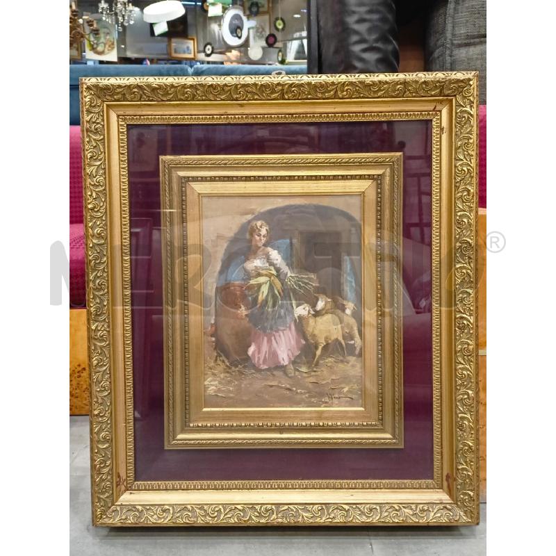 QUADRO OLIO TELA PASTORELLA CON PECORE ALL OVILE CORN DORAT | Mercatino dell'Usato Roma re di roma 1