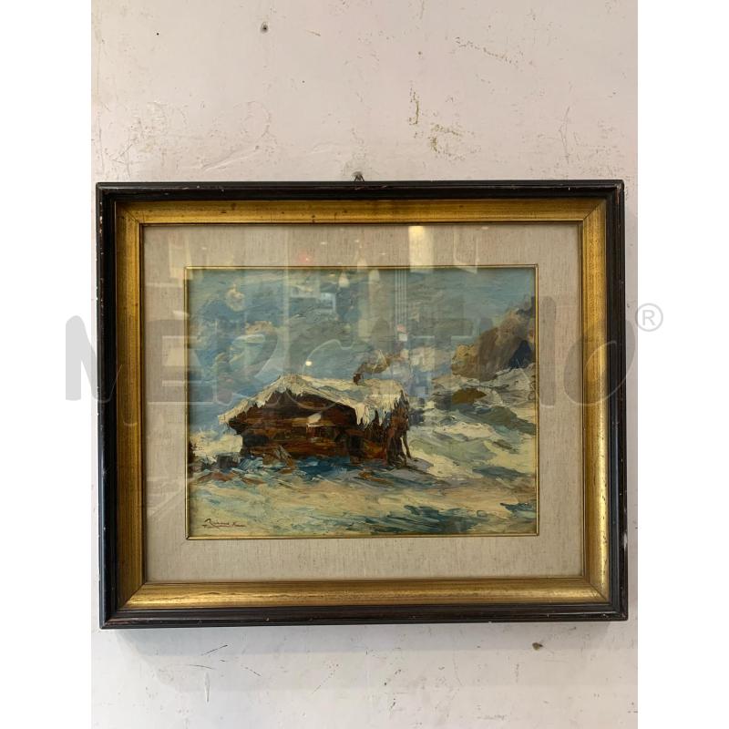 QUADRO OLIO TELA PENNELLATE SPESSE CASA MONTAGNA NEVE CORNICE LEGNO | Mercatino dell'Usato Roma re di roma 1