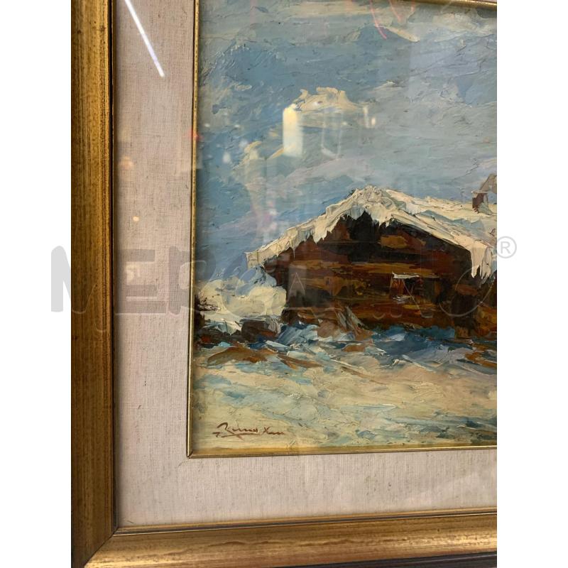 QUADRO OLIO TELA PENNELLATE SPESSE CASA MONTAGNA NEVE CORNICE LEGNO | Mercatino dell'Usato Roma re di roma 2