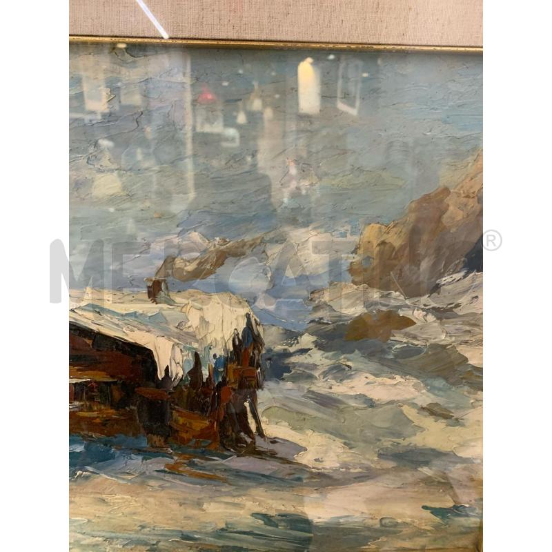 QUADRO OLIO TELA PENNELLATE SPESSE CASA MONTAGNA NEVE CORNICE LEGNO | Mercatino dell'Usato Roma re di roma 3
