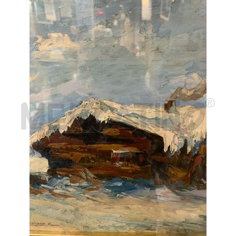 QUADRO OLIO TELA PENNELLATE SPESSE CASA MONTAGNA NEVE CORNICE LEGNO | Mercatino dell'Usato Roma re di roma 4