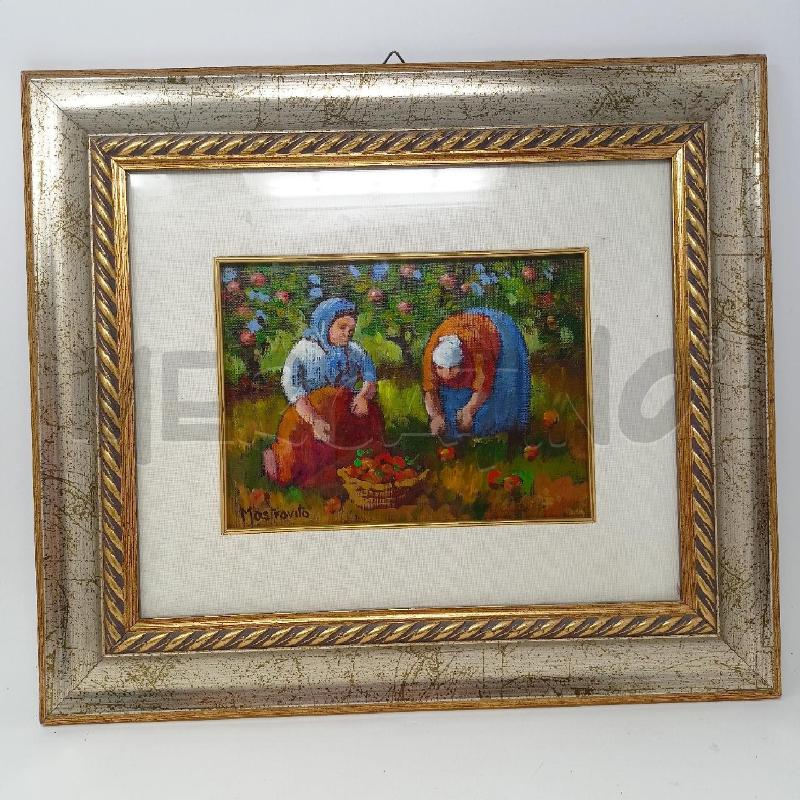 QUADRO OLIO TELA RACCOLTA MELE ALBERI GONNE AZZURRE ARANCIO  | Mercatino dell'Usato Roma re di roma 1