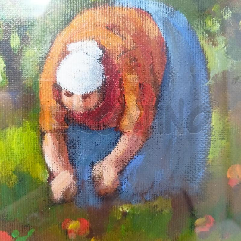 QUADRO OLIO TELA RACCOLTA MELE ALBERI GONNE AZZURRE ARANCIO  | Mercatino dell'Usato Roma re di roma 3