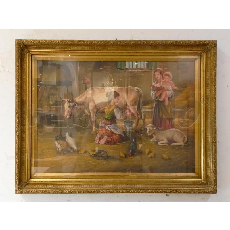 QUADRO OLIO TELA RAGAZZE MUNGONO MUCCA CORN DORAT | Mercatino dell'Usato Roma re di roma 1