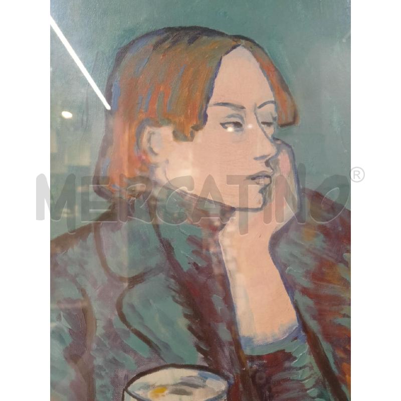 QUADRO OLIO TELA RITRATTO CON CARAFFA FIGURA GIACCA BLU SFONDO AZZURRO CORN ORO | Mercatino dell'Usato Roma re di roma 3