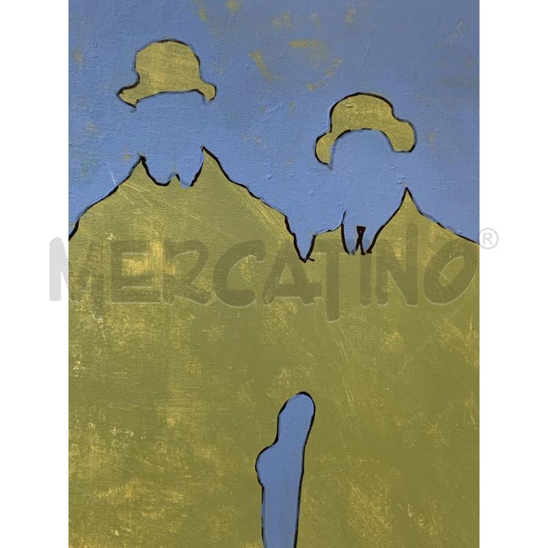 QUADRO OLIO TELA SAGOMA GRUPPO PERSONE GIALLE FONDO AZZURRO | Mercatino dell'Usato Roma re di roma 2