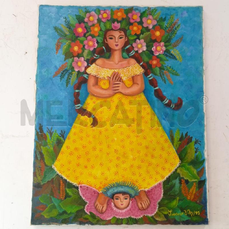QUADRO OLIO TELA STILE NAIF DONNA ABITO GIALLO FIORI TRECCE FIORI COLORATI SFONDO AZZURRO | Mercatino dell'Usato Roma re di roma 1