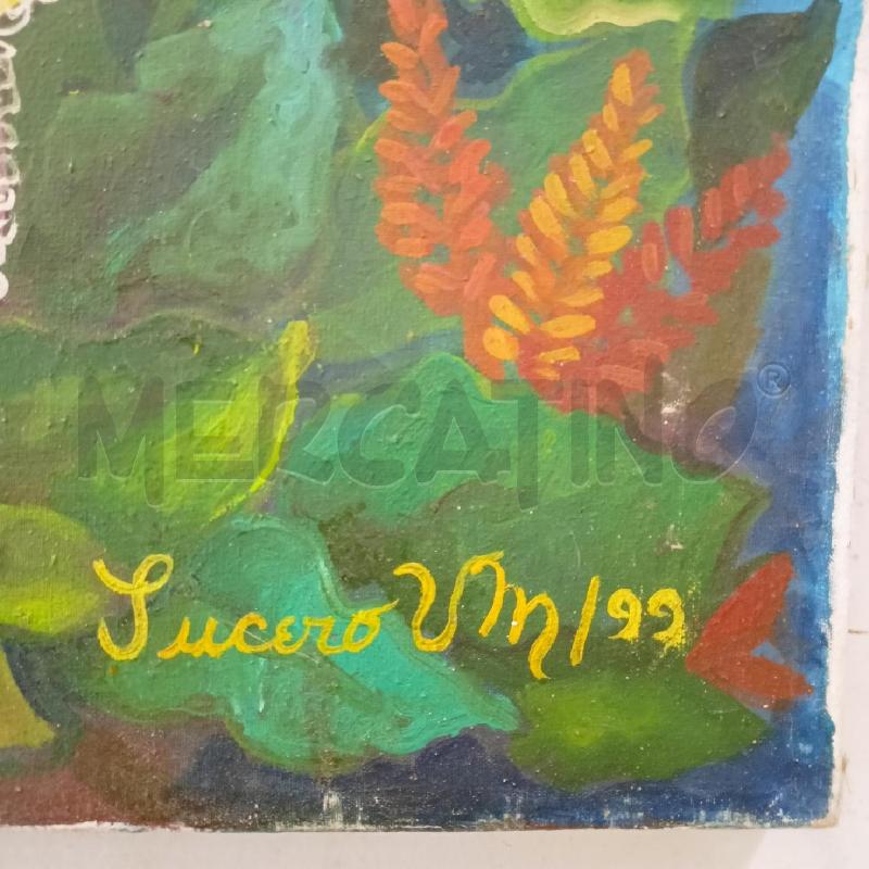 QUADRO OLIO TELA STILE NAIF DONNA ABITO GIALLO FIORI TRECCE FIORI COLORATI SFONDO AZZURRO | Mercatino dell'Usato Roma re di roma 2