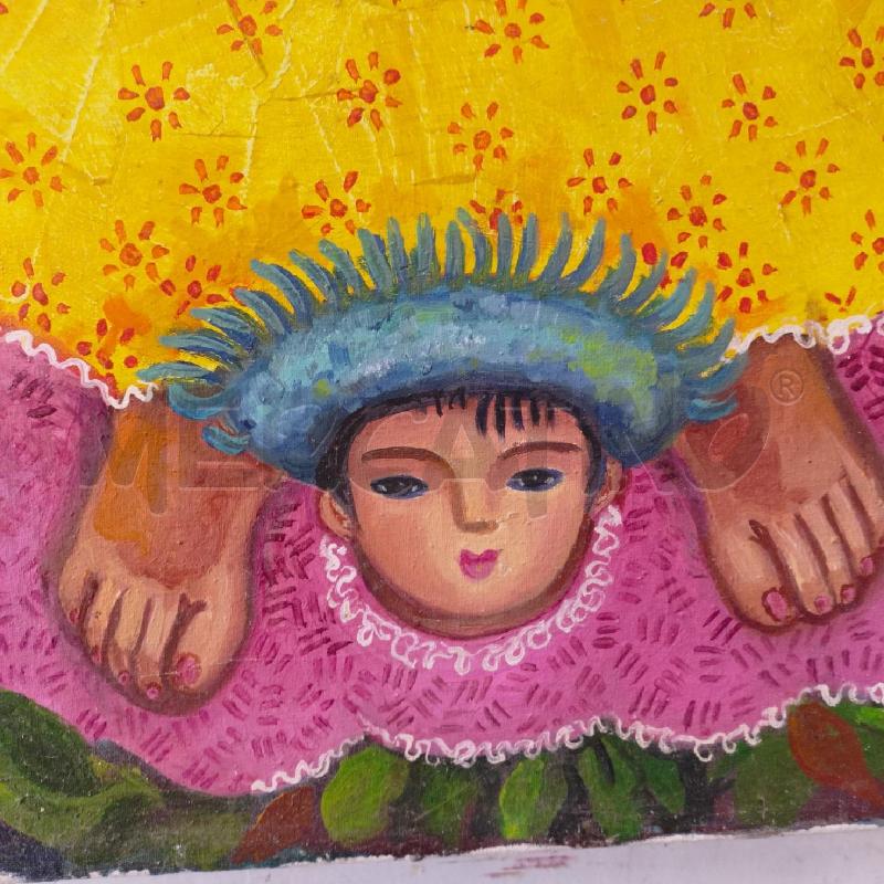 QUADRO OLIO TELA STILE NAIF DONNA ABITO GIALLO FIORI TRECCE FIORI COLORATI SFONDO AZZURRO | Mercatino dell'Usato Roma re di roma 3