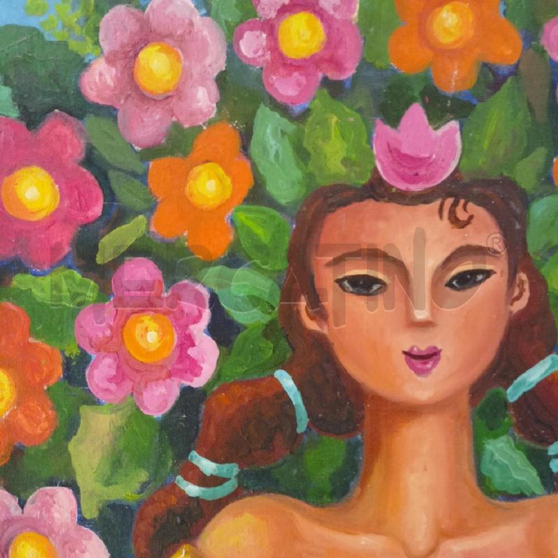 QUADRO OLIO TELA STILE NAIF DONNA ABITO GIALLO FIORI TRECCE FIORI COLORATI SFONDO AZZURRO | Mercatino dell'Usato Roma re di roma 4
