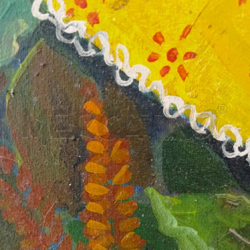 QUADRO OLIO TELA STILE NAIF DONNA ABITO GIALLO FIORI TRECCE FIORI COLORATI SFONDO AZZURRO | Mercatino dell'Usato Roma re di roma 5