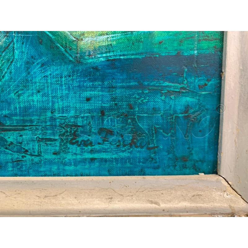 QUADRO OLIO TELA TONI AZZURRI BICICLETTE OMBRELLONE CORN ARGENTATA | Mercatino dell'Usato Roma re di roma 2