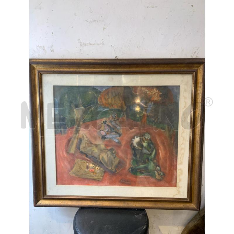 QUADRO OLIO TELA UOMINI BOSCO FALO ALBERI CORNICE LEGNO DORATA PASS BIANCO | Mercatino dell'Usato Roma re di roma 1