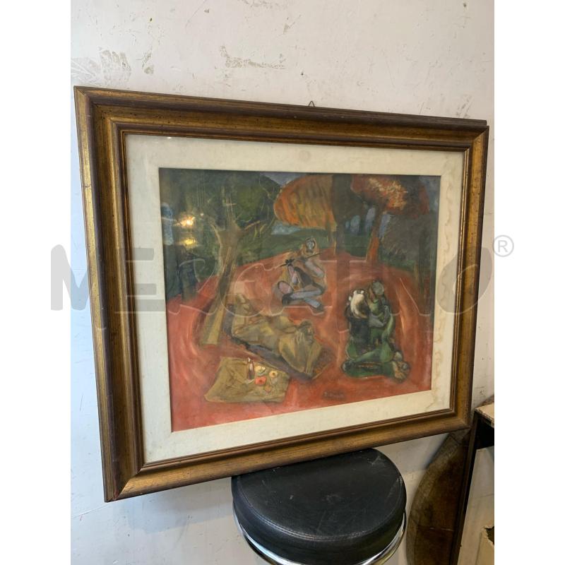 QUADRO OLIO TELA UOMINI BOSCO FALO ALBERI CORNICE LEGNO DORATA PASS BIANCO | Mercatino dell'Usato Roma re di roma 2