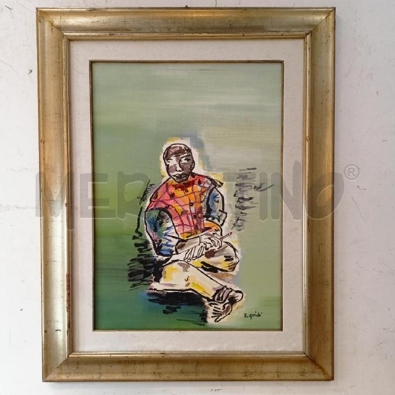QUADRO OLIO TELA UOMO SEDUTO CAMICIA GIALLA SCACCHI ARANCIONE VIOLA GAMBE INCROCIATE CORN DOR  | Mercatino dell'Usato Roma re di roma 1