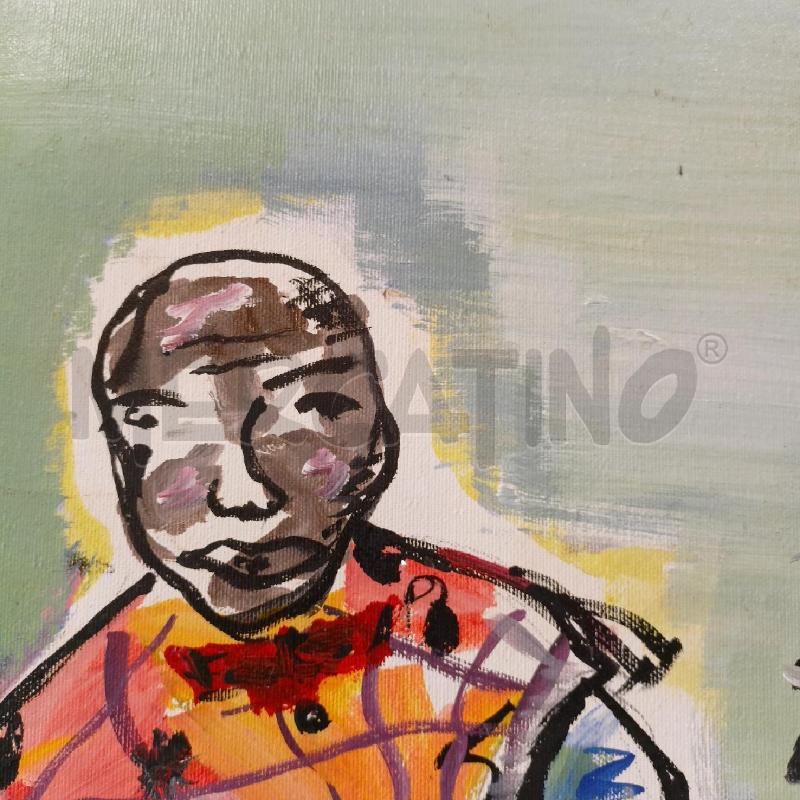 QUADRO OLIO TELA UOMO SEDUTO CAMICIA GIALLA SCACCHI ARANCIONE VIOLA GAMBE INCROCIATE CORN DOR  | Mercatino dell'Usato Roma re di roma 5