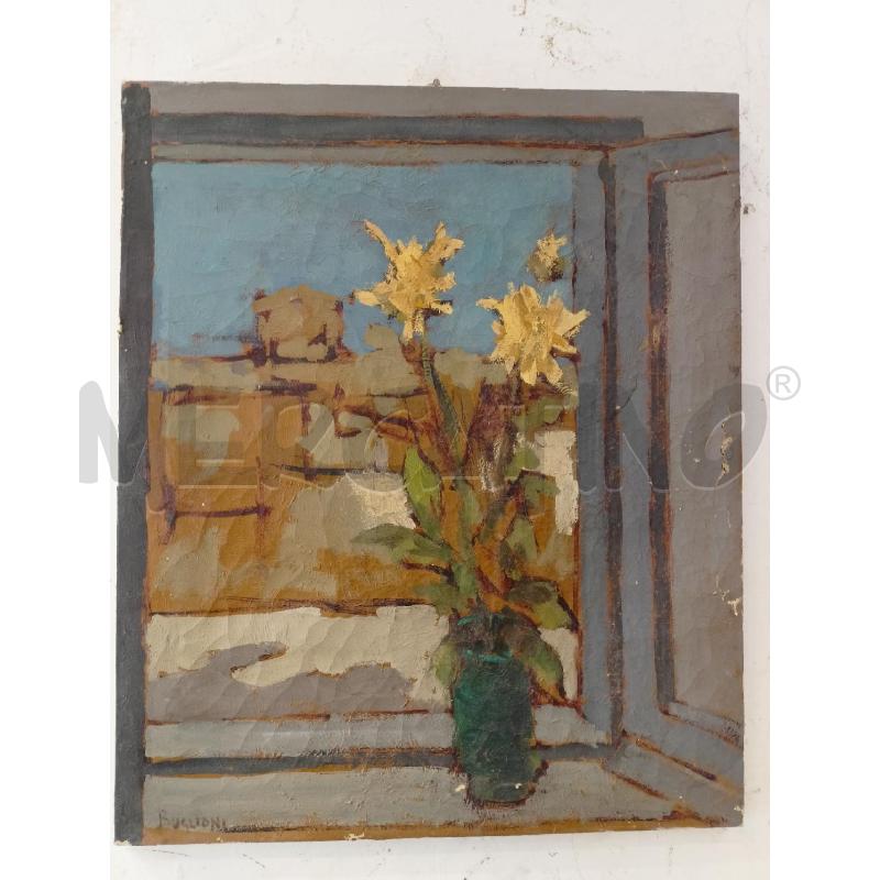 QUADRO OLIO TELA VASO FIORI GIALL ALLA FINESETRA  | Mercatino dell'Usato Roma re di roma 1
