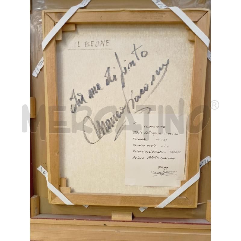 QUADRO OLIO TELA VECCHIO BIVACCO SEDUTO CAMICIA BLU PANTALONI VERDI CORN DORATA  | Mercatino dell'Usato Roma re di roma 5