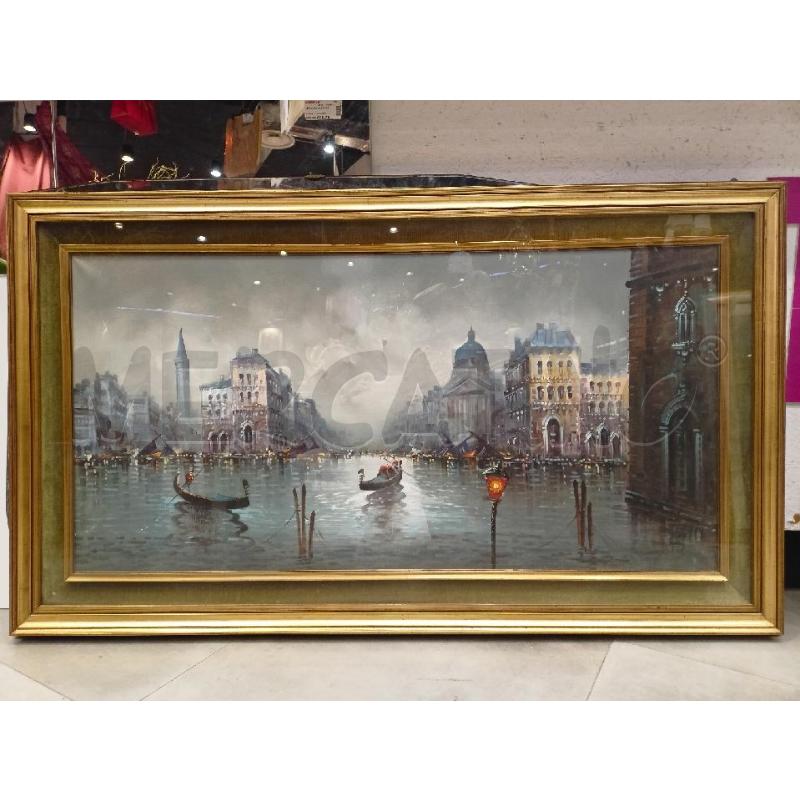 QUADRO OLIO TELA VENEZIA GONDOLE CIELO OSCURATO BLU CORNICE LEGNO DORATA | Mercatino dell'Usato Roma re di roma 1