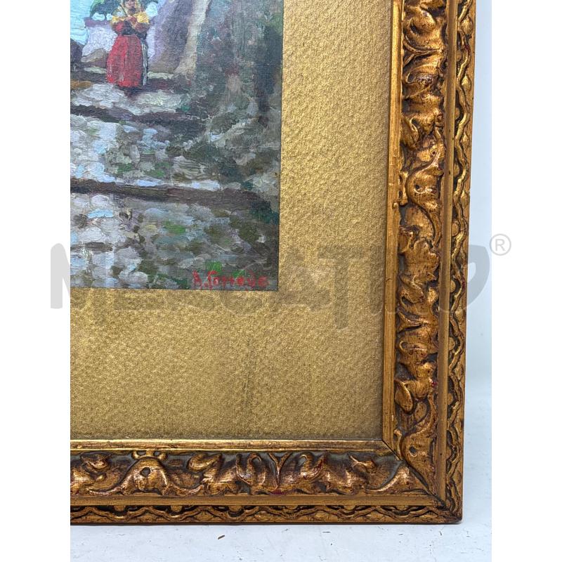 QUADRO RETTANGOLARE DONNA OMBRELLO SCALE ALBERI CIELO AZZURRO LILLA ABITO ROSSO CORNICE BAROCCA | Mercatino dell'Usato Roma re di roma 2