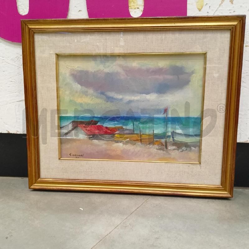 QUADRO TECNICA MISTA VISTA MARE CIELO NUVOLOSO TETTO ROSSO BANDIERA ROSSA CORN ORO   | Mercatino dell'Usato Roma re di roma 1